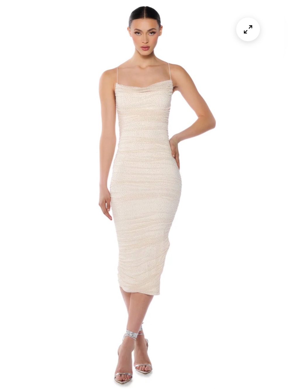 Akira‎ Reina ruched mesh midi dress in cream sparkles Sz Medium